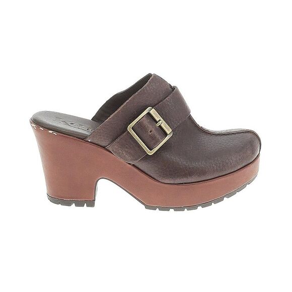 Korks Tan Leather Clogs Heel Platform Chunky Boho Buckle 6 Brown Fall Slide y2k - Picture 1 of 14